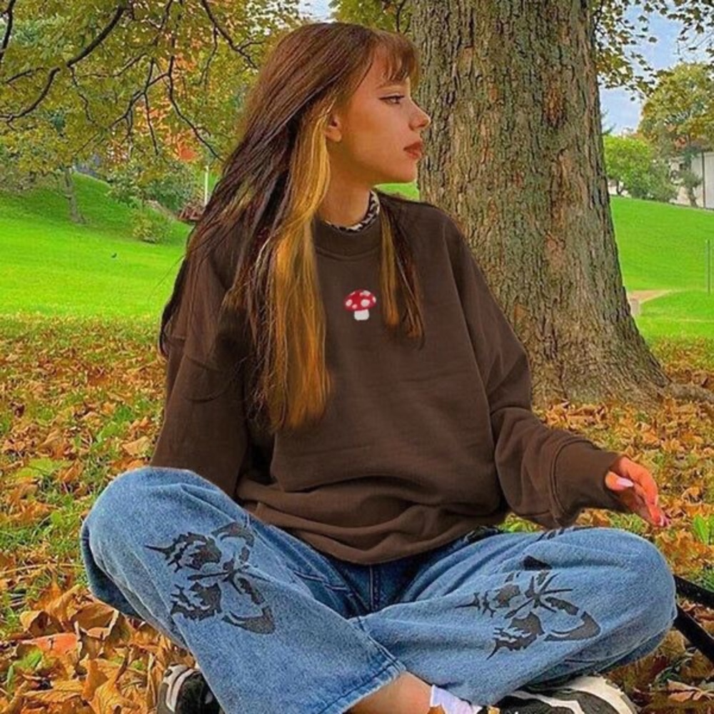 Honet - Mushroom Embroidered Brown Pullover Sweatshirt